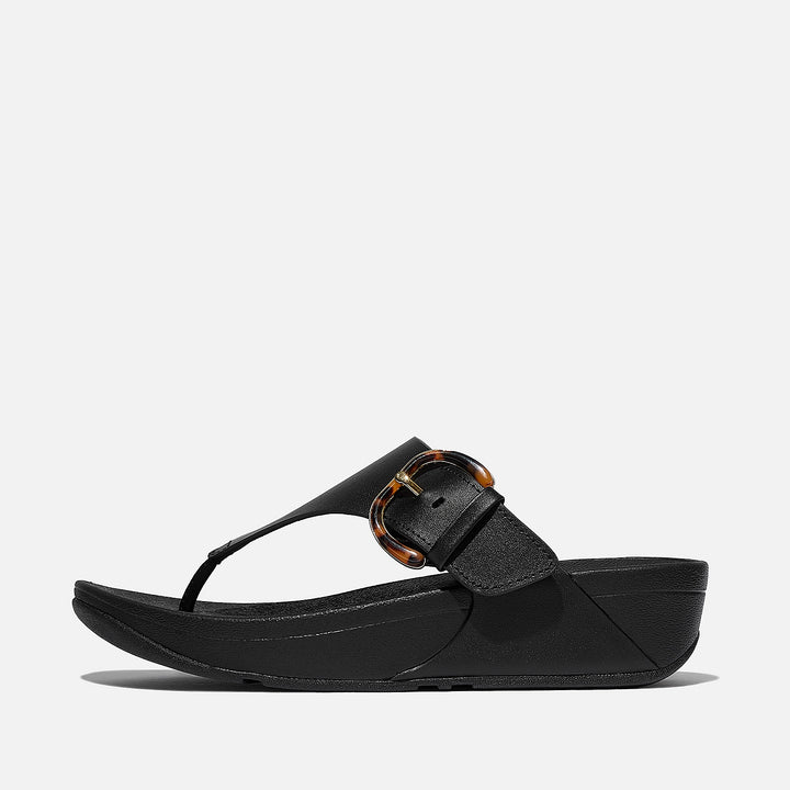 Fit Flop Women's Lulu Resin Buckle Leather Toe Post Sandals All Black - Orleans Shoe Co.