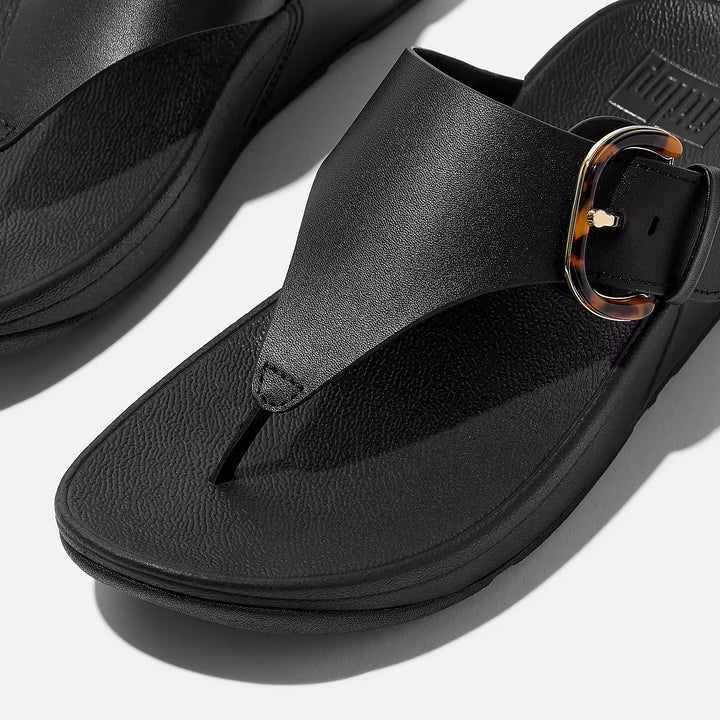 Fit Flop Women's Lulu Resin Buckle Leather Toe Post Sandals All Black - Orleans Shoe Co.