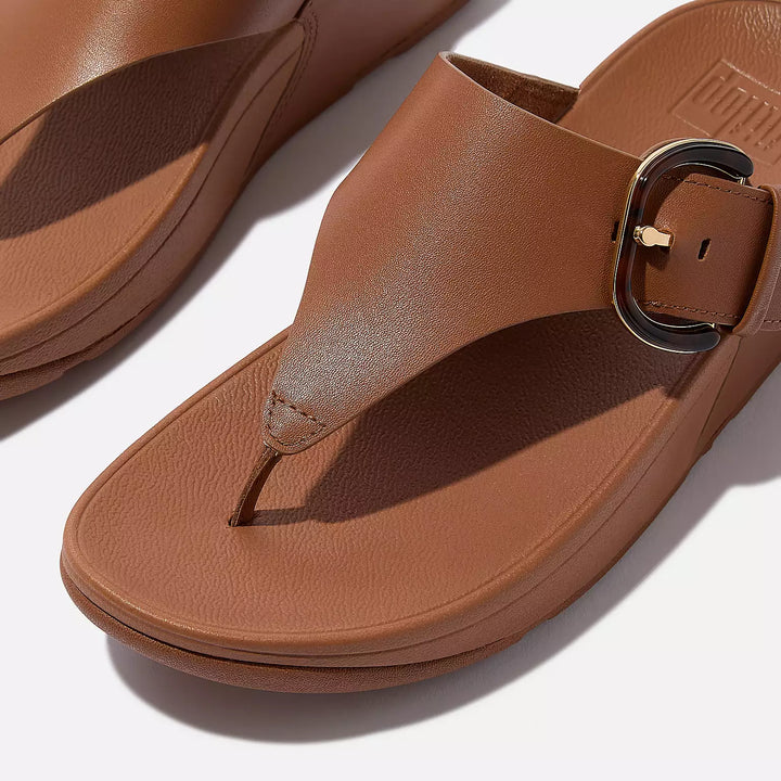 Fit Flop Women's Lulu Resin Buckle Leather Toe Post Sandals Deep Tan - Orleans Shoe Co.
