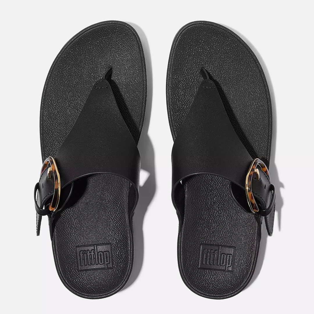 Fit Flop Women's Lulu Resin Buckle Leather Toe Post Sandals All Black - Orleans Shoe Co.