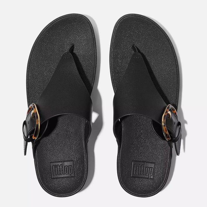 Fit Flop Women's Lulu Resin Buckle Leather Toe Post Sandals All Black - Orleans Shoe Co.