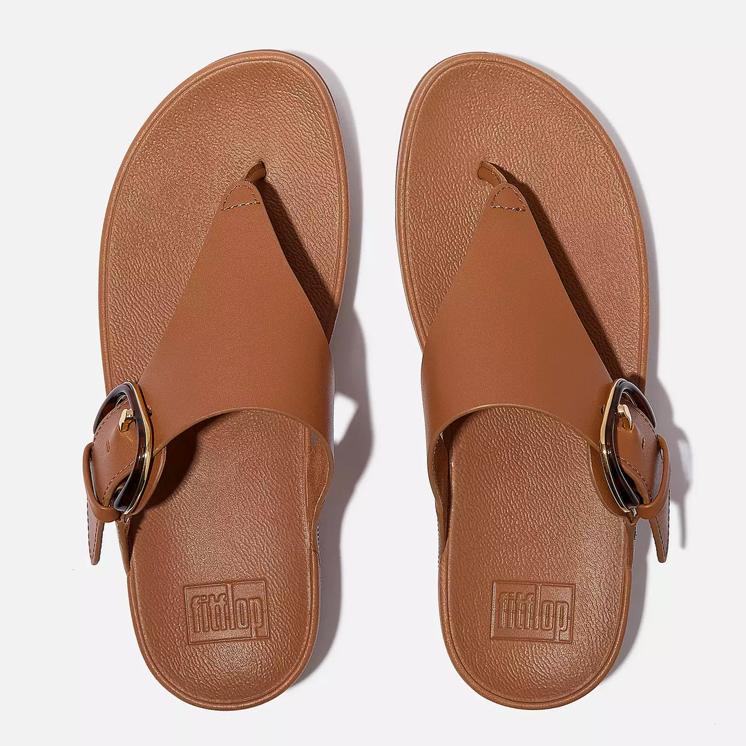 Fit Flop Women's Lulu Resin Buckle Leather Toe Post Sandals Deep Tan - Orleans Shoe Co.