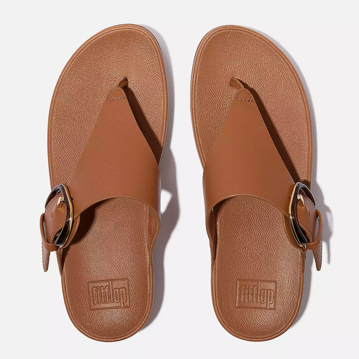 Fit Flop Women's Lulu Resin Buckle Leather Toe Post Sandals Deep Tan - Orleans Shoe Co.