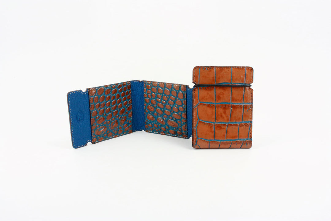 Torino Embossed Crocodile Calfskin Cash Cover Front Pocket Wallet Tan Blue