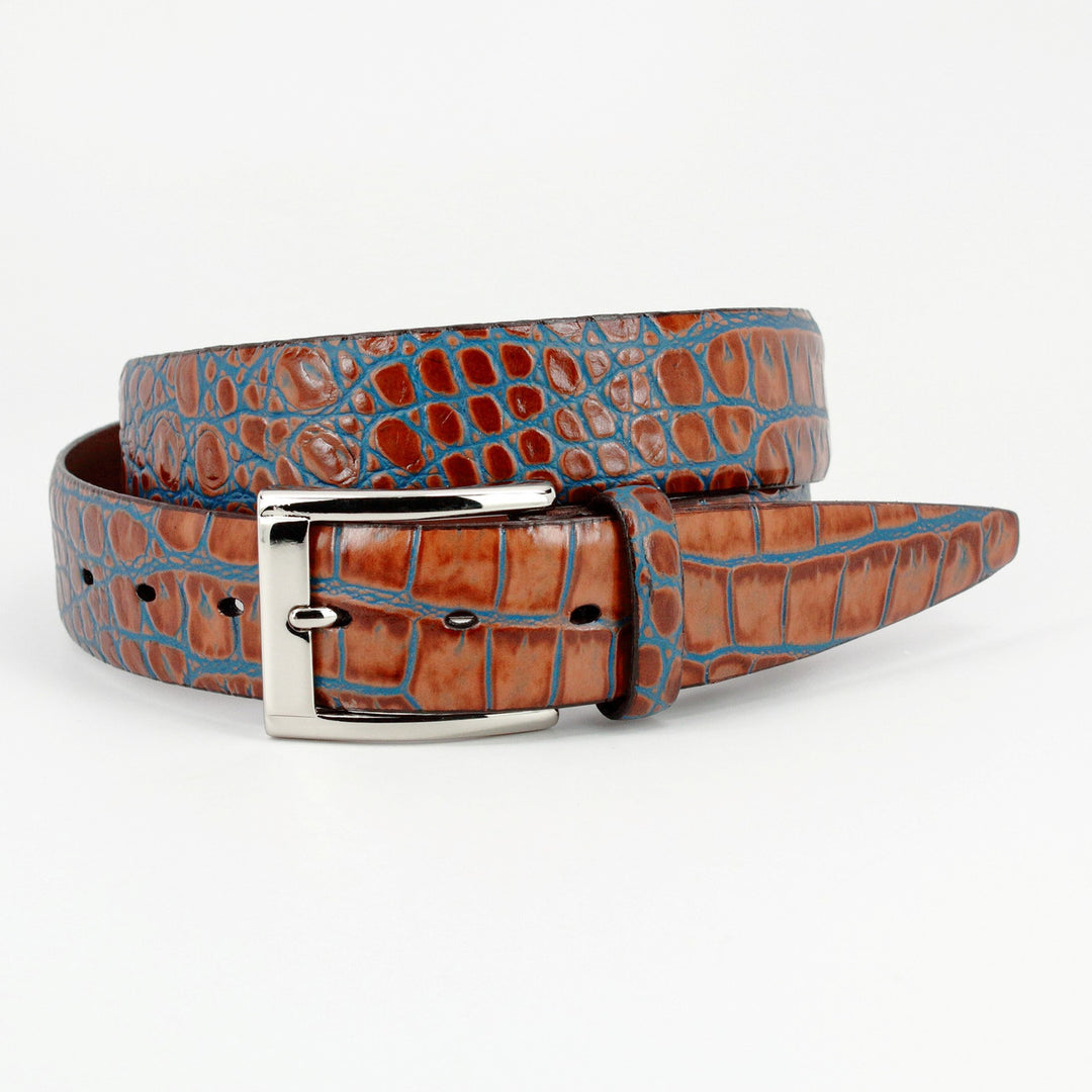 Torino Faux Crocodile Embossed Dress Casual Calfskin Belt Tan Blue 52903