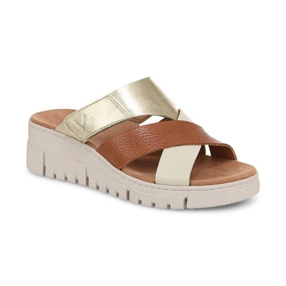 Vionic Women's Uptown Sunset Wedge Sandal Tan Gold Leather - Orleans Shoe Co.