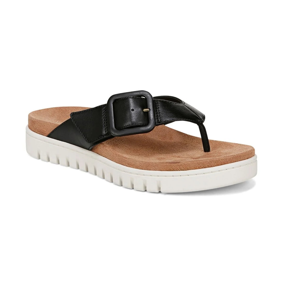 Vionic Women's Uptown Marin Toe Post Sandal Black Leather - Orleans Shoe Co.
