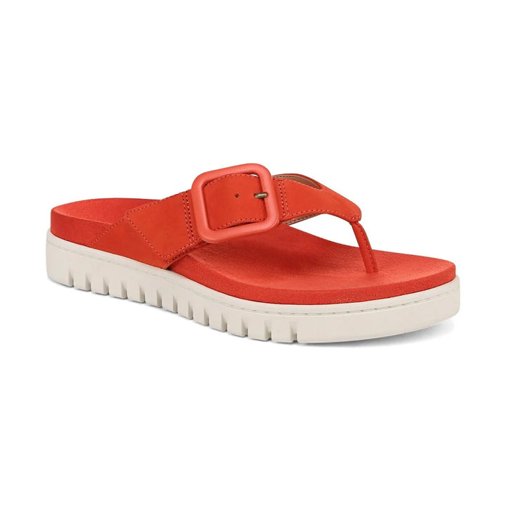 Vionic Women's Uptown Marin Toe Post Sandal Cherry Tomato Nubuck - Orleans Shoe Co.