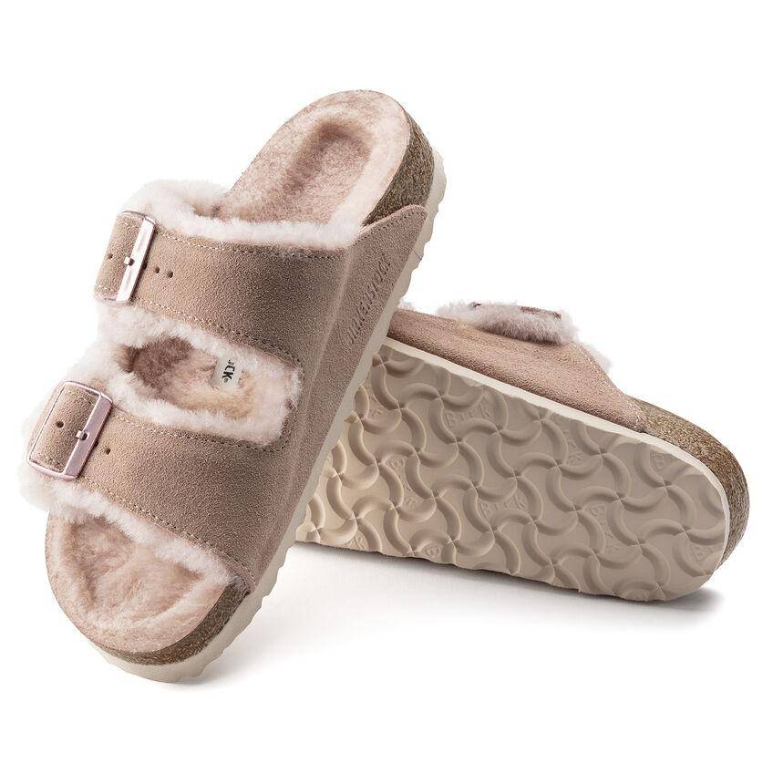 Birkenstock Arizona Suede Leather Mink Shearling Two-Strap Sandals - Size 7