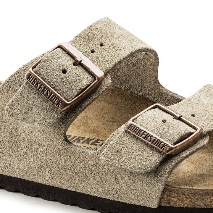 Arizona Taupe Suede Sandal Original Footbed - Orleans Shoe Co.