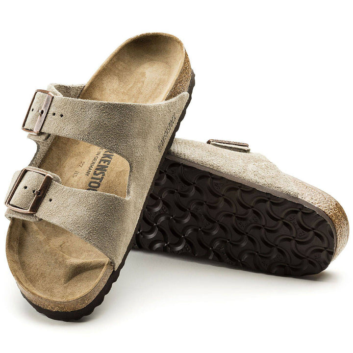 Arizona Taupe Suede Sandal Original Footbed - Orleans Shoe Co.