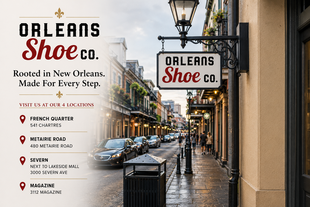 Promotional storefront graphic for Orleans Shoe Co. showing a real New Orleans street scene with historic buildings, a hanging sign, storefront lamp, parked cars, and sidewalk.
