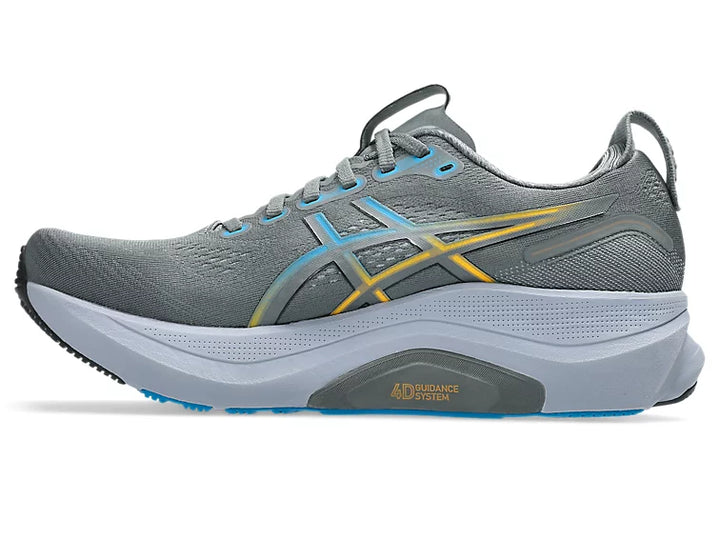 ASICS Gel-Kayano 32 mens walking and running shoe in Steel Grey Aegean Blue