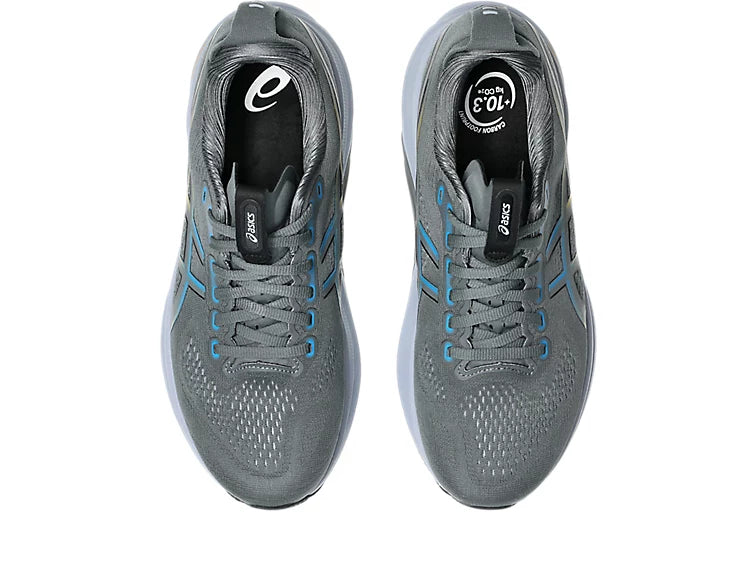 ASICS Gel-Kayano 32 mens support shoe with PureGEL heel, Steel Grey Aegean Blue