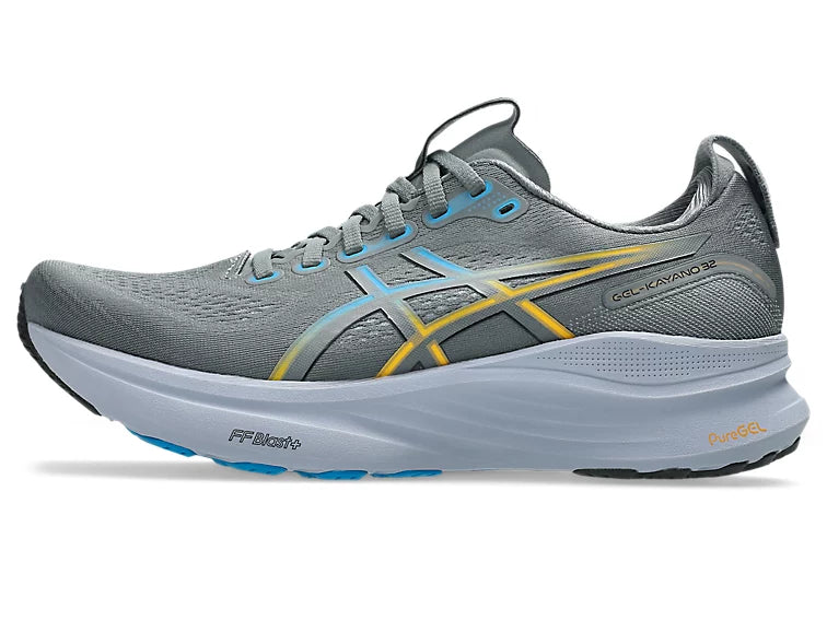 ASICS Gel-Kayano 32 mens cushioned stability shoe, Steel Grey Aegean Blue