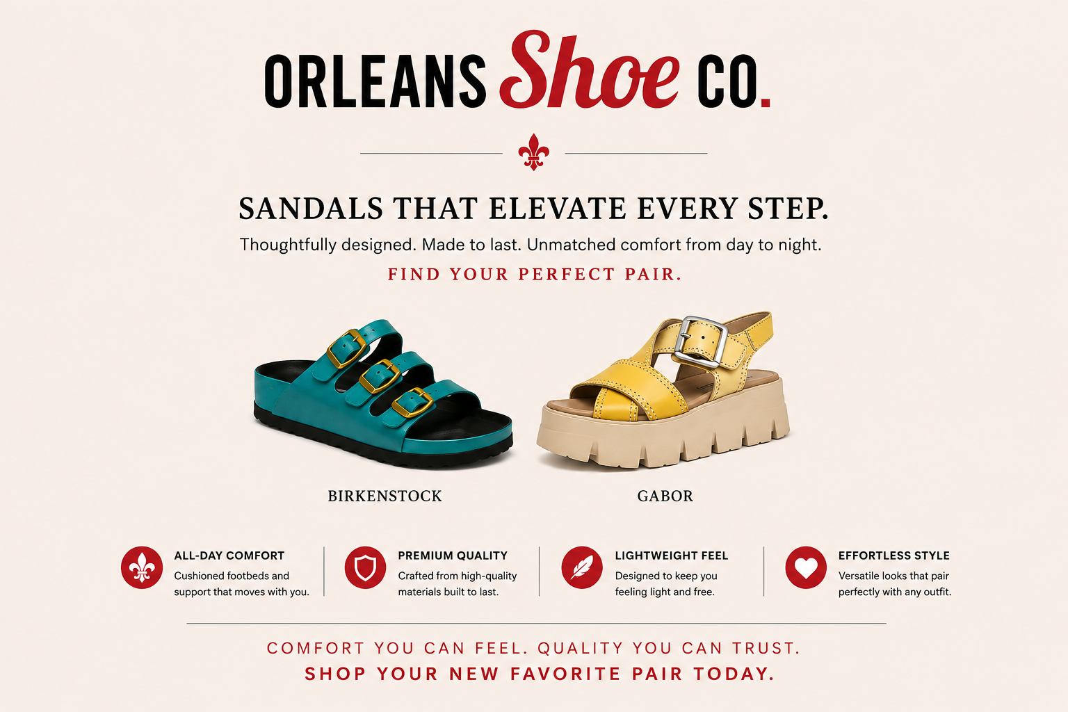Advertisement for Orleans Shoe Co. featuring sandals with product descriptions and brand logo.