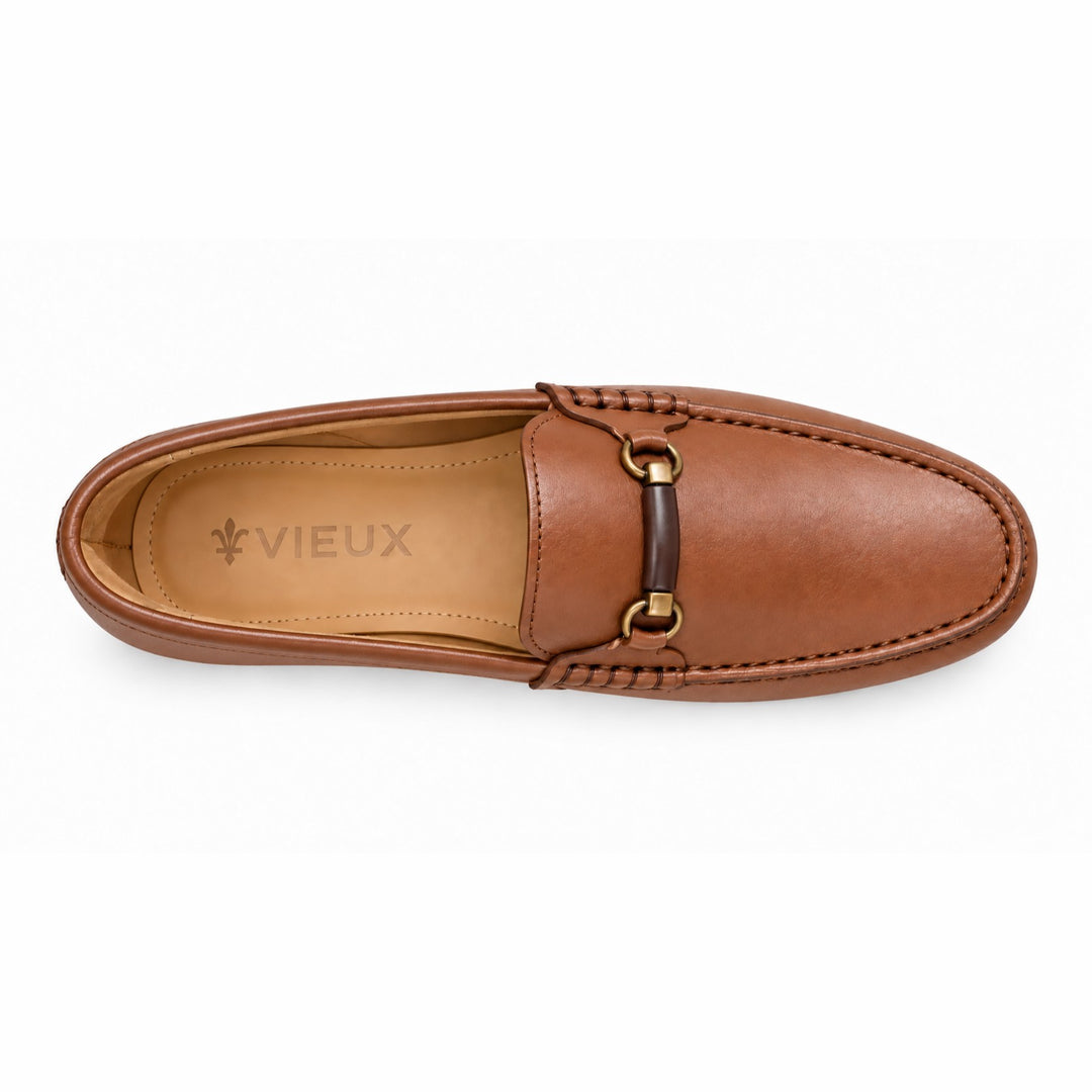 Vieux Bienville smooth tan aniline loafer from above, showing the Vieux logo on the leather-covered footbed and brass bit