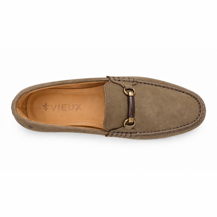 Vieux Bienville nubuck loafer from above, showing the Vieux logo on the leather-covered footbed and brass bit