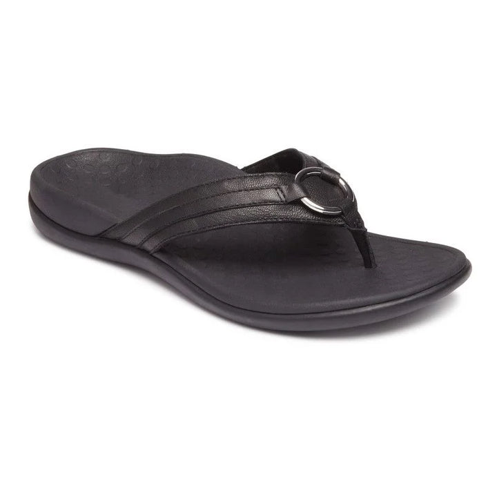 Vionic Women’s Aloe Black Leather Sandal - Orleans Shoe Co.