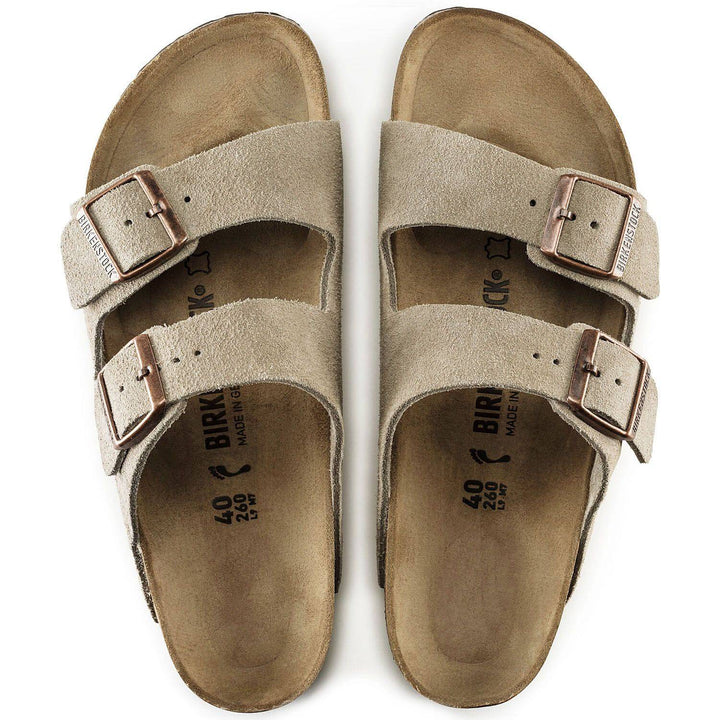 Arizona Taupe Suede Sandal Original Footbed - Orleans Shoe Co.