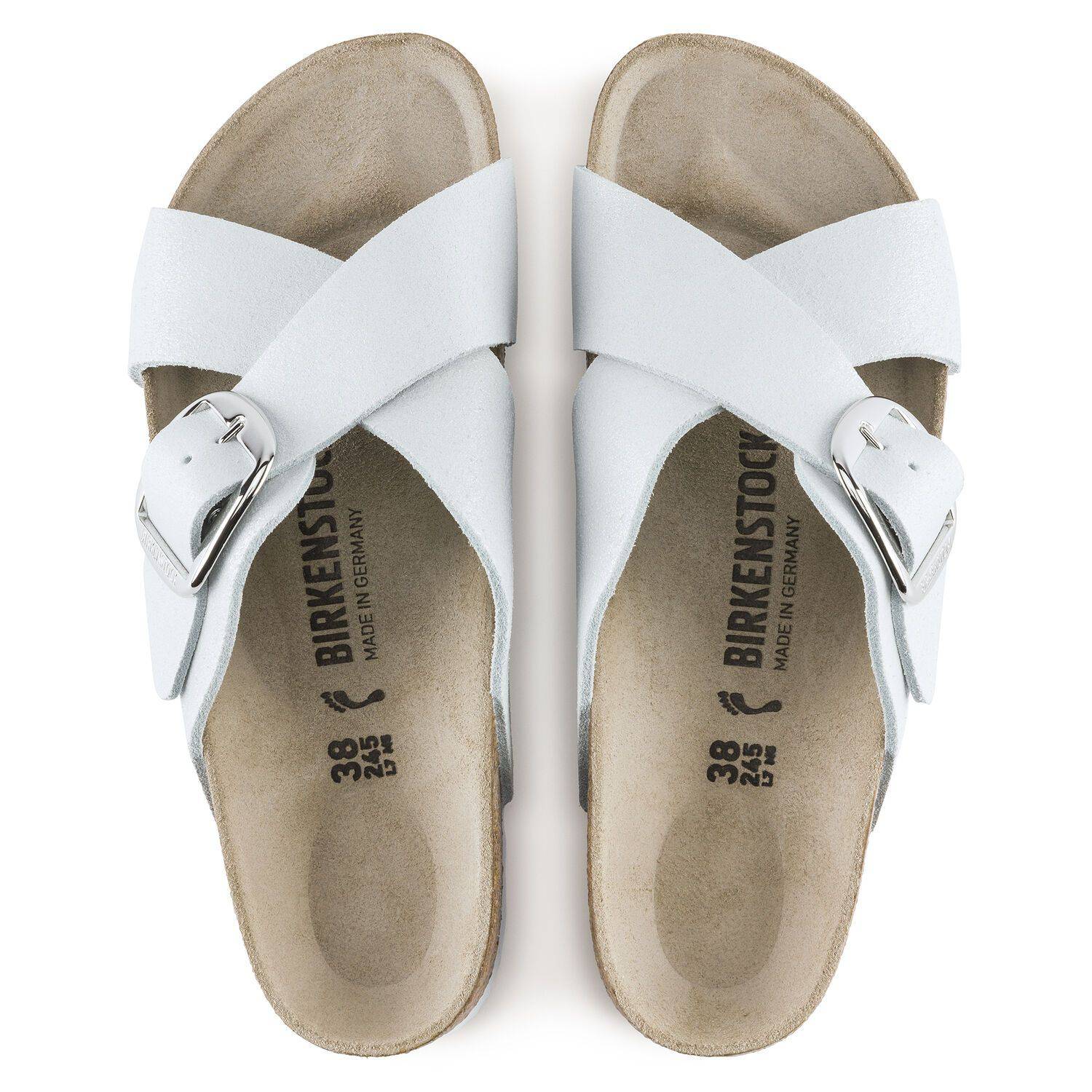 Birkenstock Women's Siena Big Buckle Suede Washed Metallic White