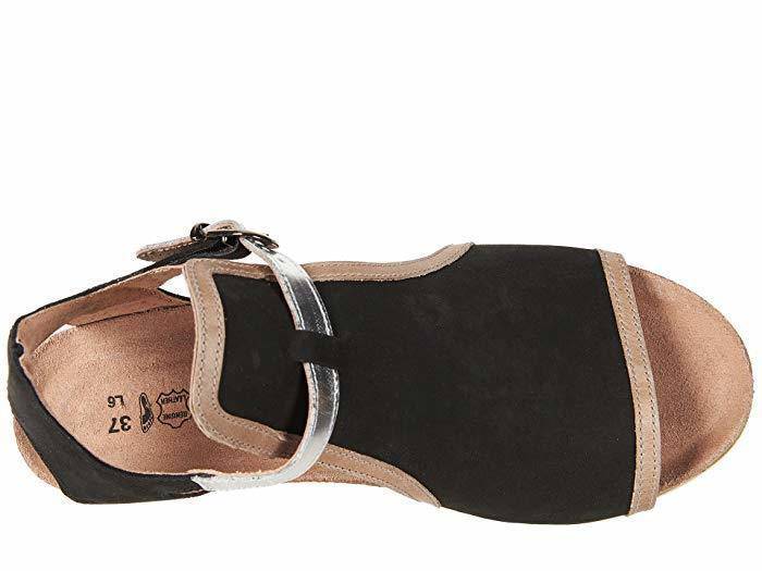 Women's Fiona Black Velvet Nubuck/Khaki Beige Leather/Silver Mirror Leather Sandal - Orleans Shoe Co.
