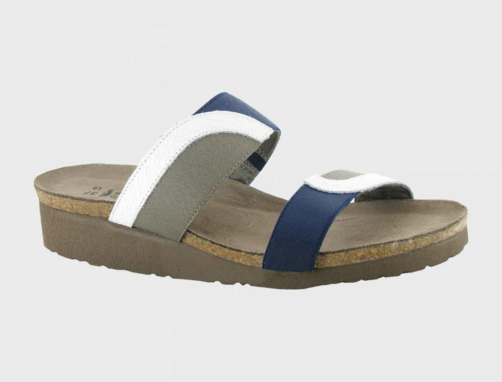 Women's Frankie White Diamond Leather/Shiny Blue Elastic/Khaki Patina Elastic Sandal - Orleans Shoe Co.